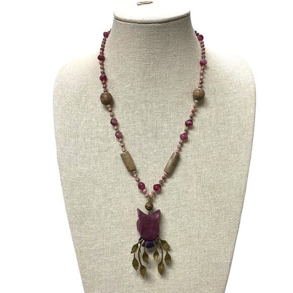 Vintage Purple Cat Pendant Brass Leaf Beaded Necklace - Picture 4 of 10